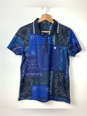 G/Fore Polo Men’s Golf Sz Medium Paisley Blue Buttons Collared Logo Short Sleeve